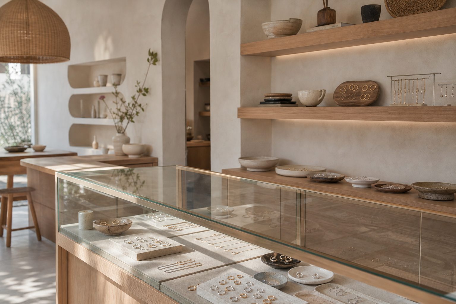 A jewellery cabinet in a light boutique, rings and necklaces laid out on stone trays