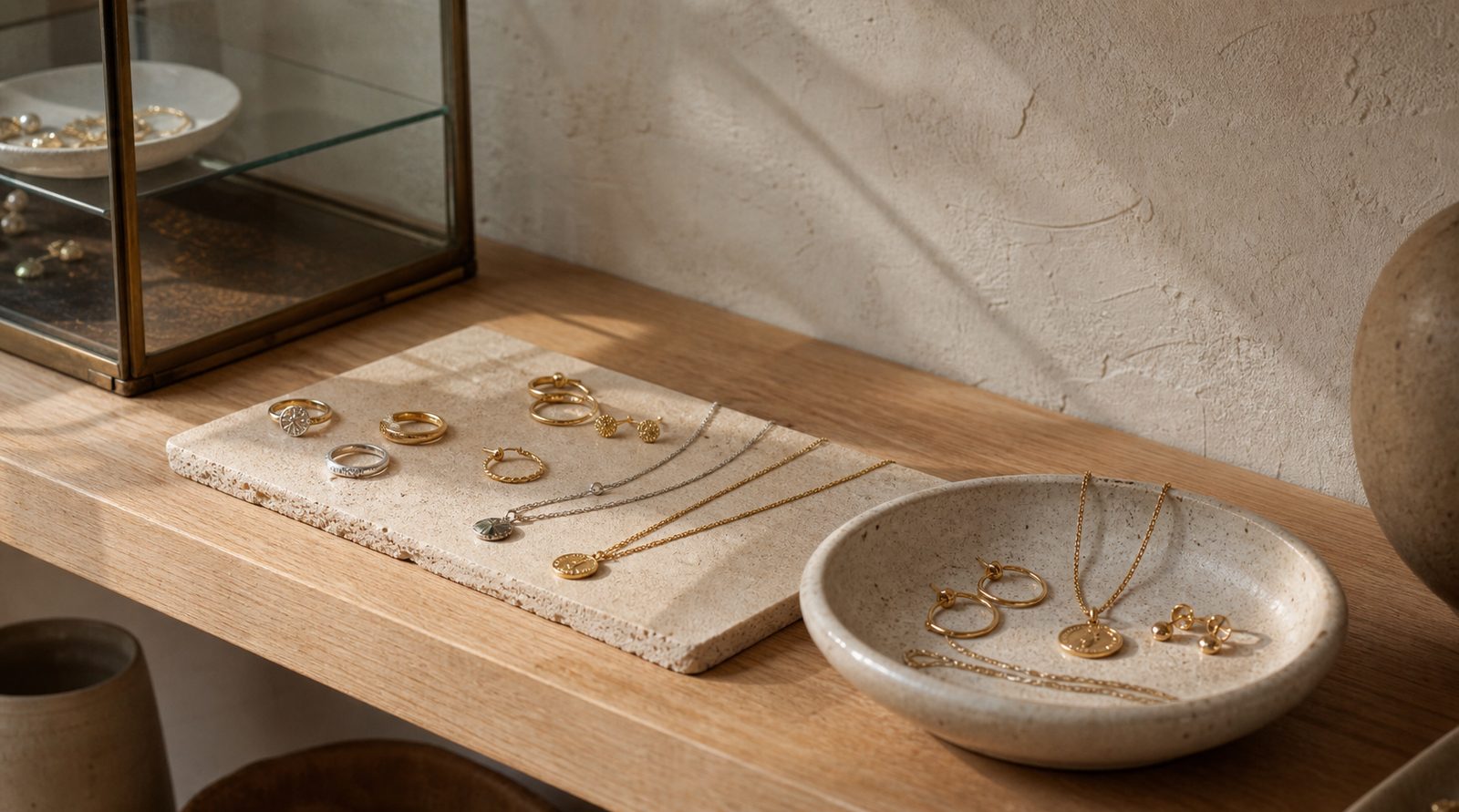 Rings and necklaces laid out on a stone tray on a shop shelf