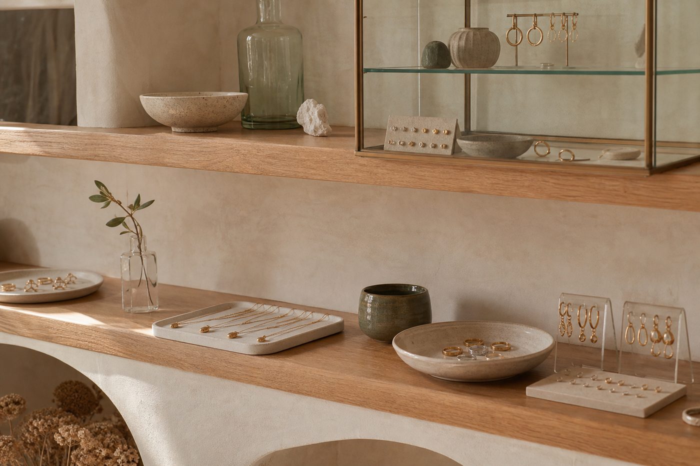 A jewellery display cabinet in a light, plaster-walled boutique